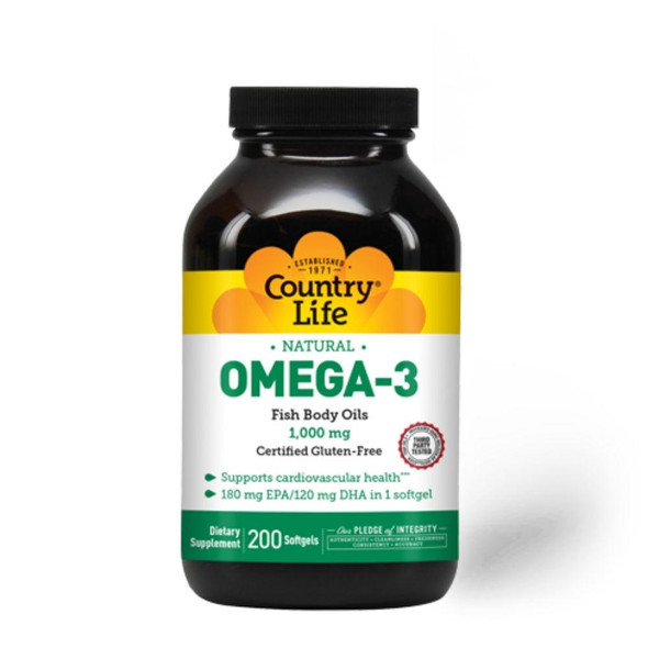  Country Life Omega-3 Fish Oil 1000mg 200 Softgels 