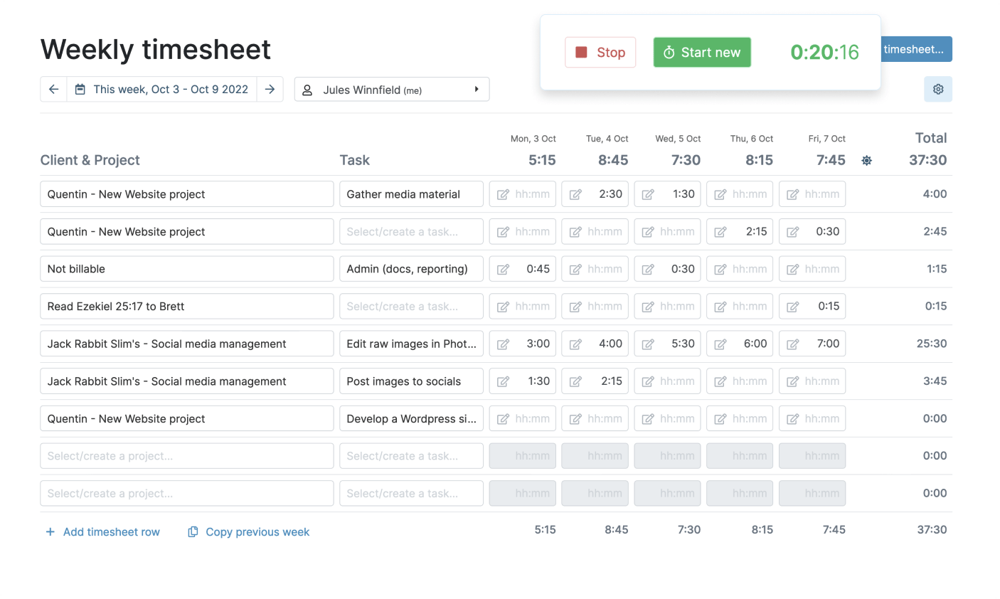 Weekly timesheet view in Myhours