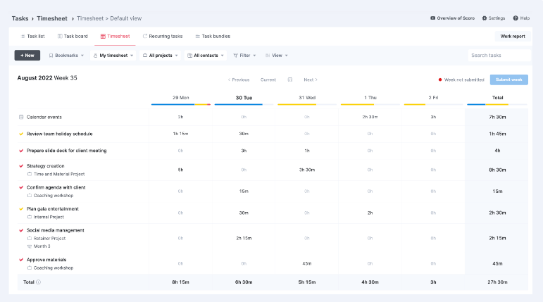 Default view of a timesheet in Scoro