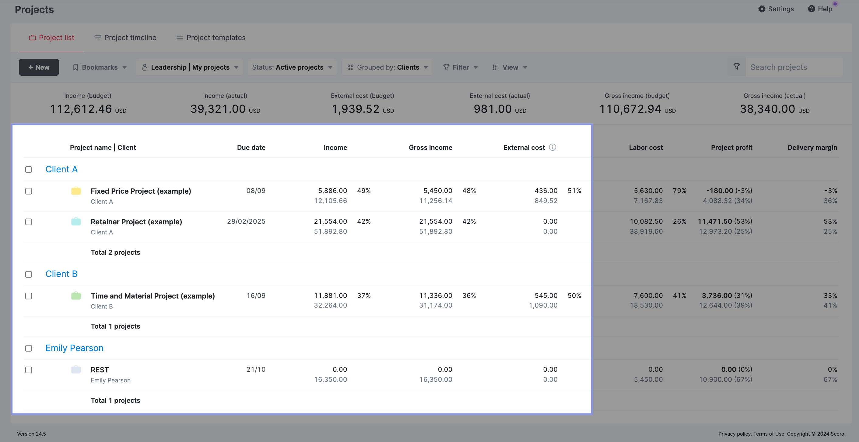 Project list with financial details