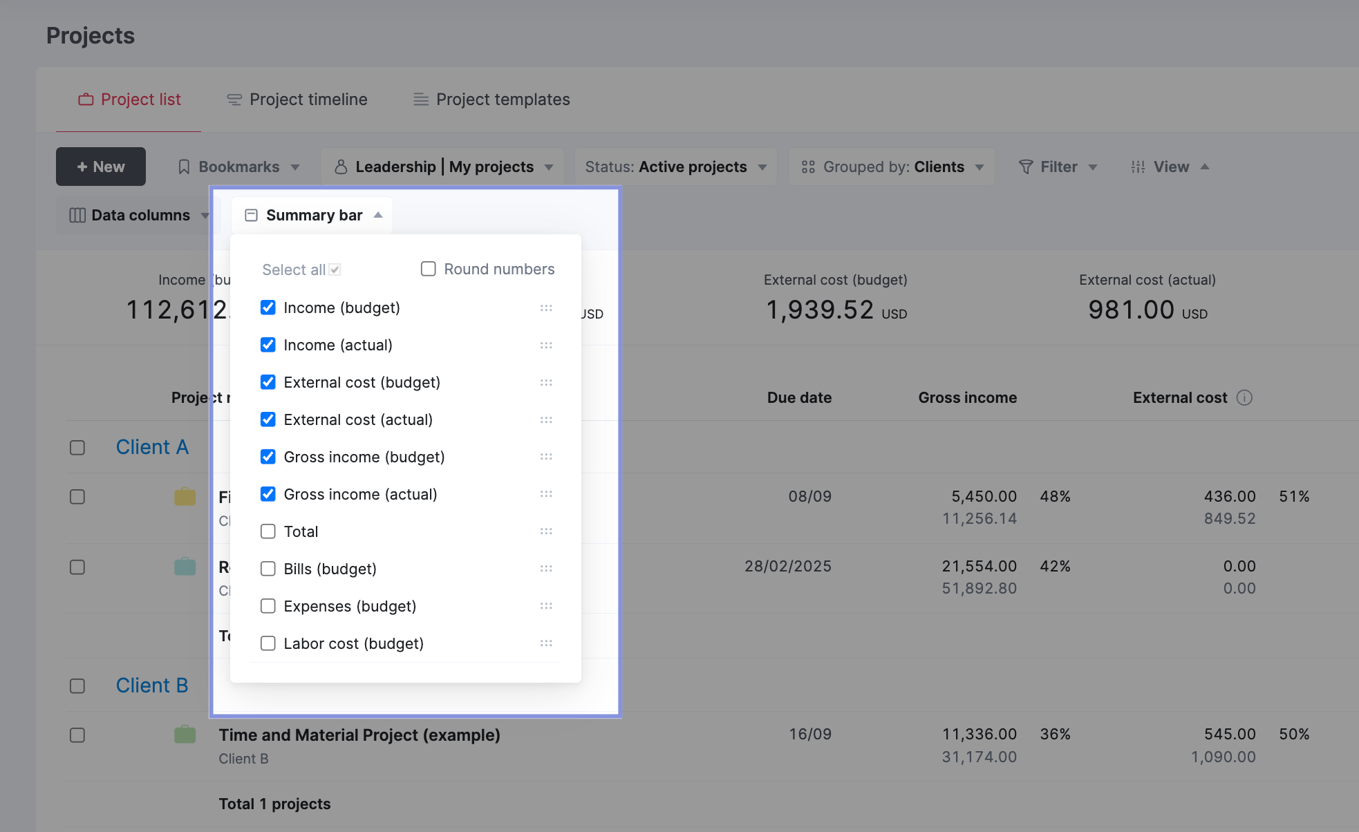 Project view summary bar filters in Scoro