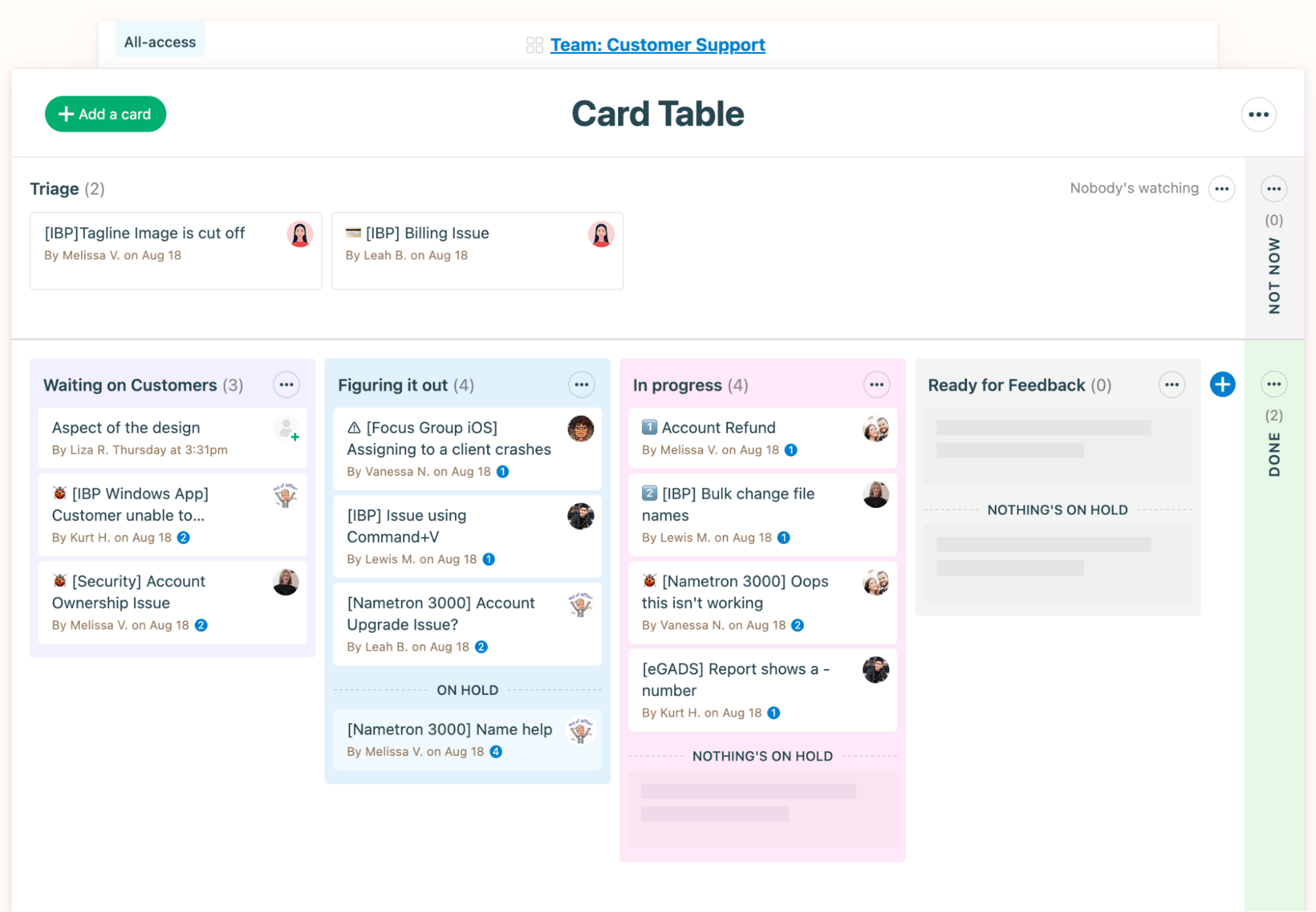 Screenshot of a card table in Basecamp