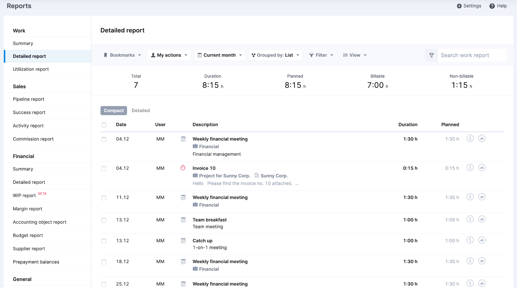 Screenshot of detailed work report in Scoro