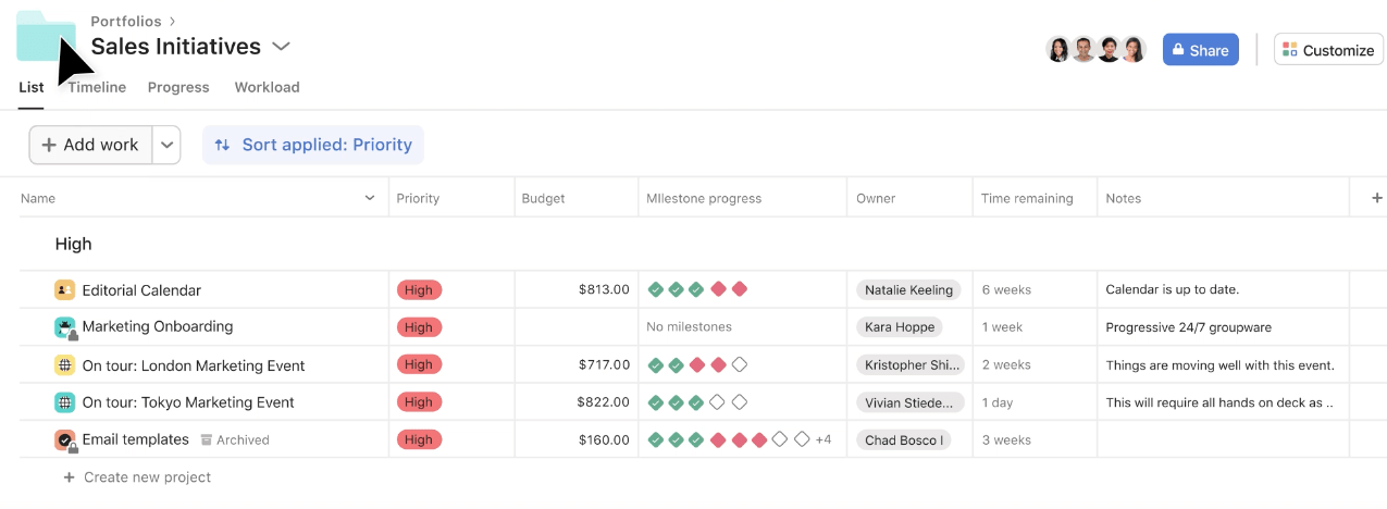 Screenshot of Portfolios in Asana