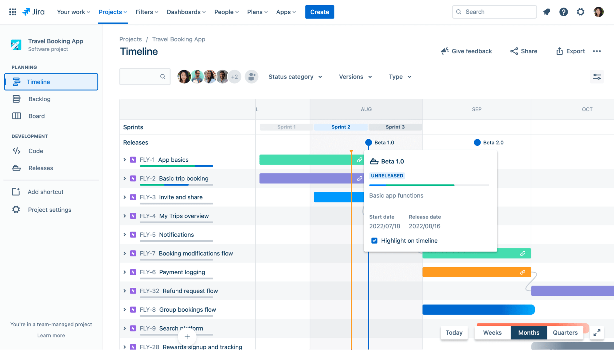 Screenshot of the timeline view in Jira