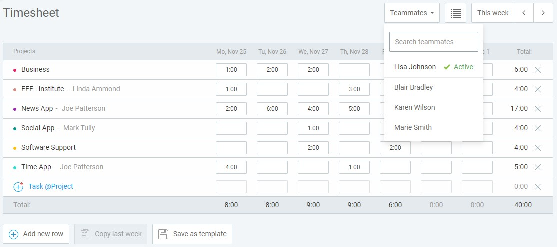 Teamates view in Timesheets for Clockify