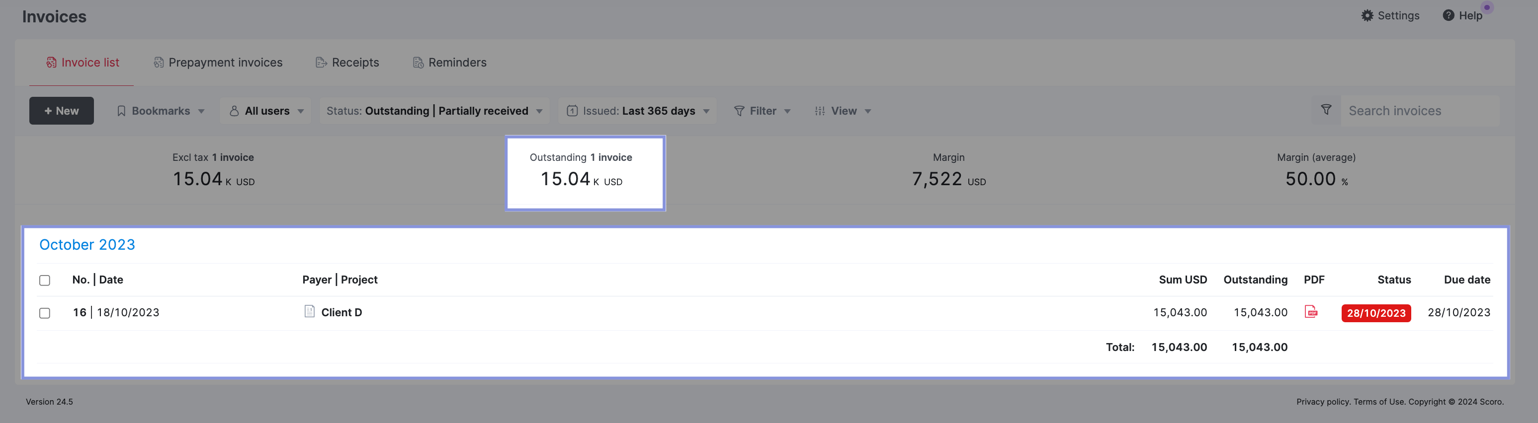 Total outstanding amount and invoice number in Scoro